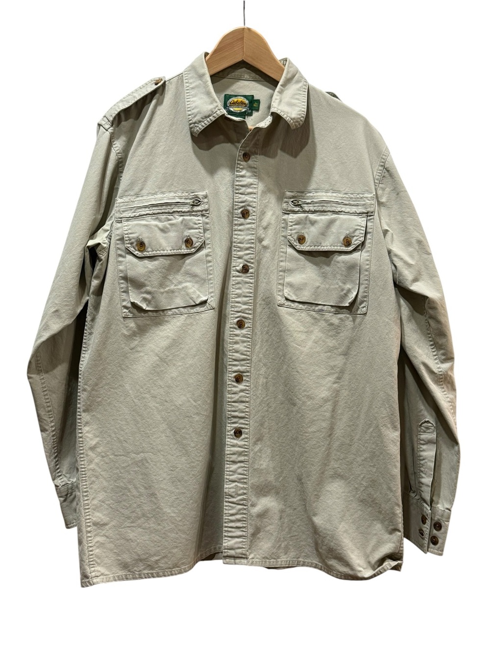 Vintage Cabela’s Utility Field Shirt Khaki Safari Military Fishing 100% Cotton L